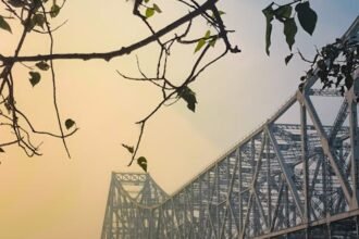 Beautiful dusk view of Howrah Bridge with silhouetted leaves and calm waters beneath.