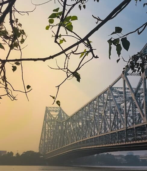 Beautiful dusk view of Howrah Bridge with silhouetted leaves and calm waters beneath.
